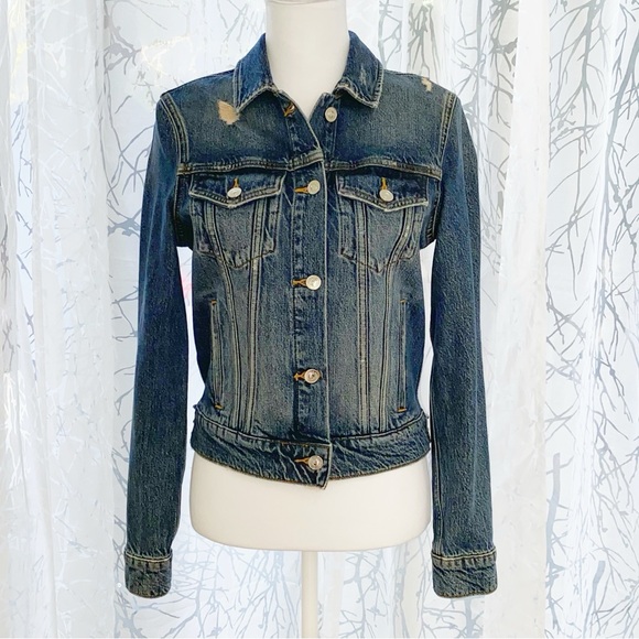 ALL SAINTS BLUE DISTRESSED HAY DENIM BUTTON UP COLLARED JEAN JACKET - Picture 4 of 10